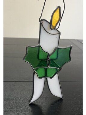 VTG Stained Glass Candle & Holly Holiday Christmas Decor Window Suncatcher